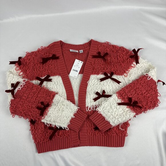 Mighty Fine Women's Holiday Sweater Size XS Retro Loop & Bow Open Cardigan NWT - Picture 6 of 10